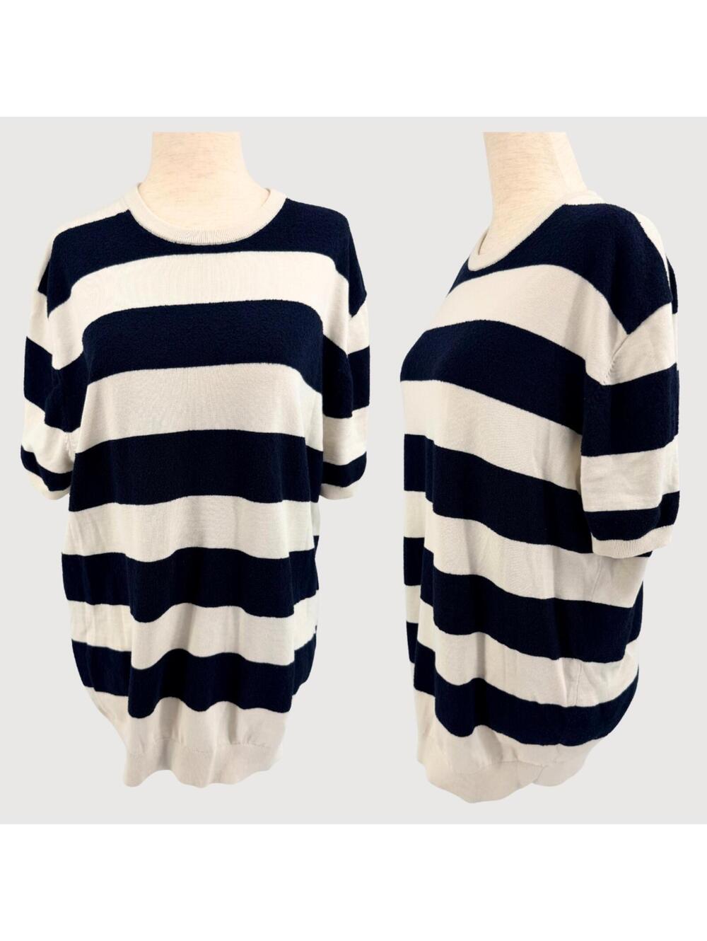Massimo Dutti Terry Stripe Knit Top Navy Cream XL